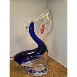 Murano Style Art Glass Bird Figurine with Internal Fish Hand-Blown Glass